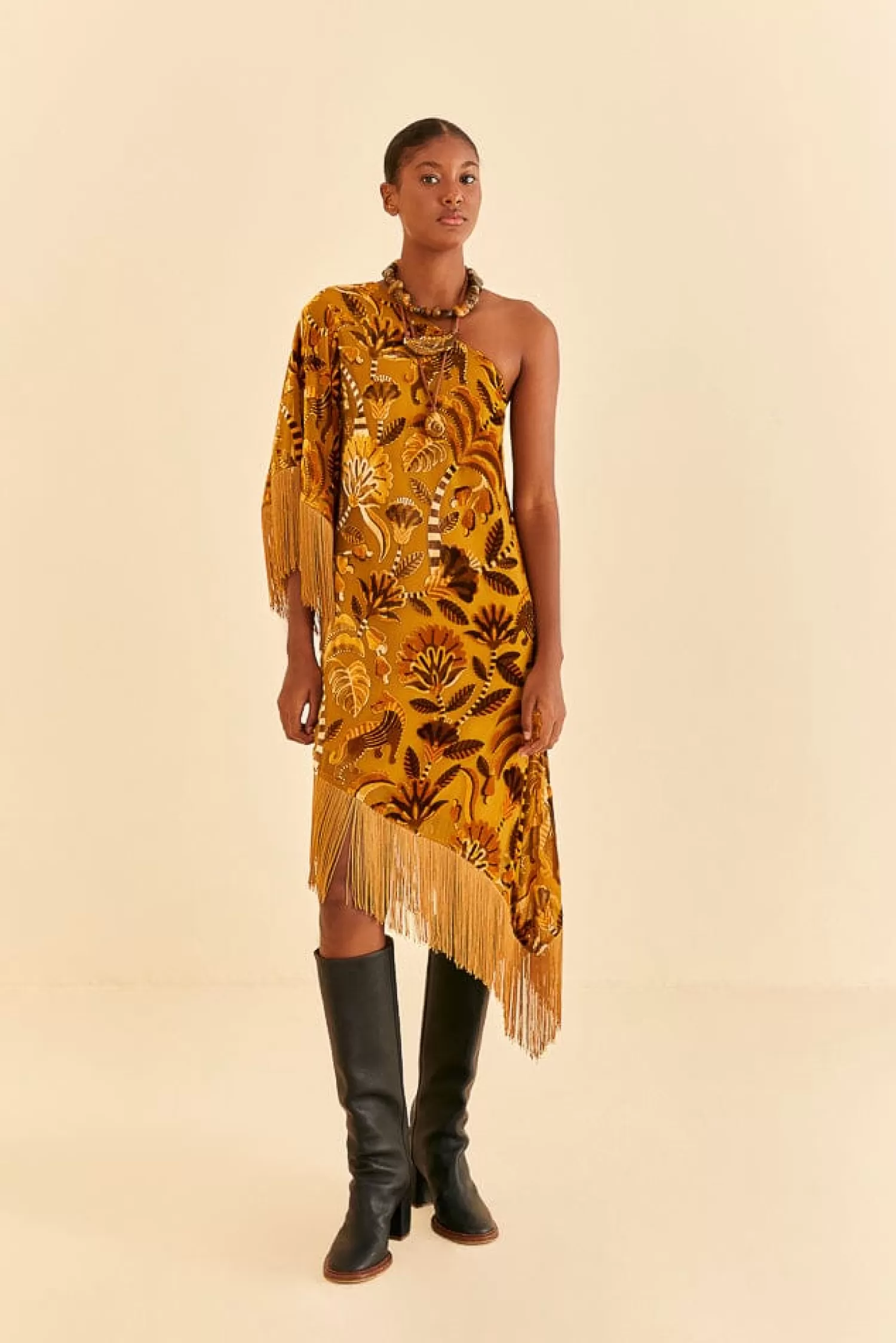 FARM Rio Midi Dresses^ GOLDEN YELLOW VELVET ONE SHOULDER FRINGE DRESS