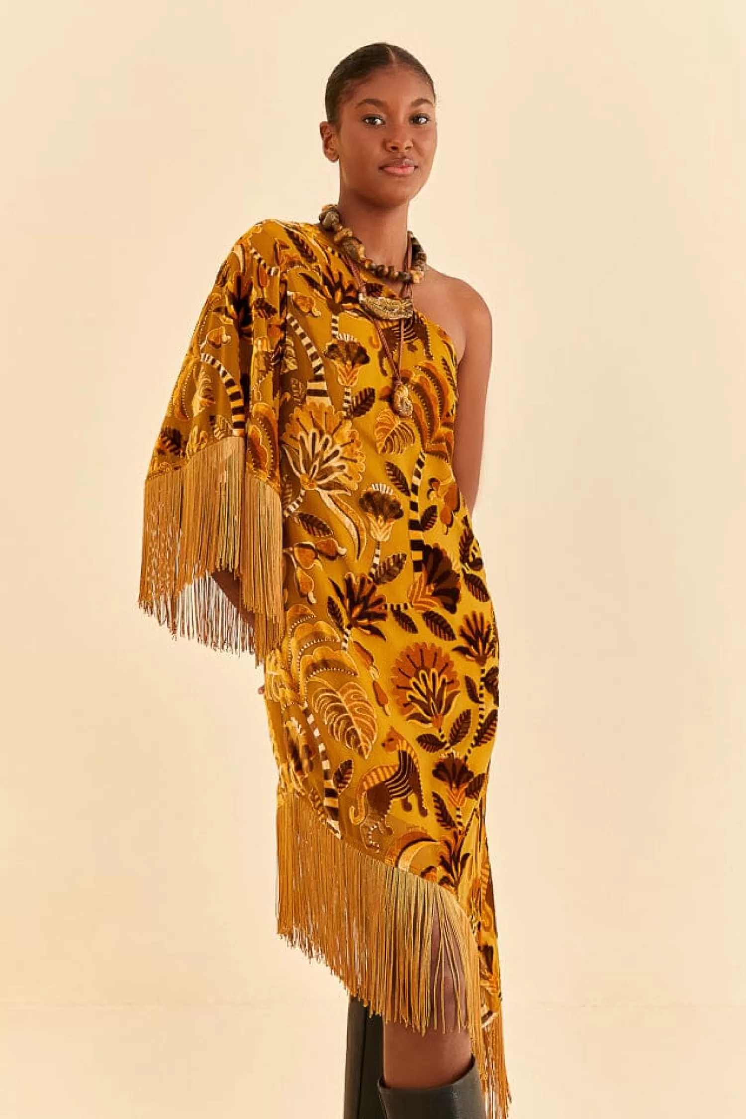 FARM Rio Midi Dresses^ GOLDEN YELLOW VELVET ONE SHOULDER FRINGE DRESS