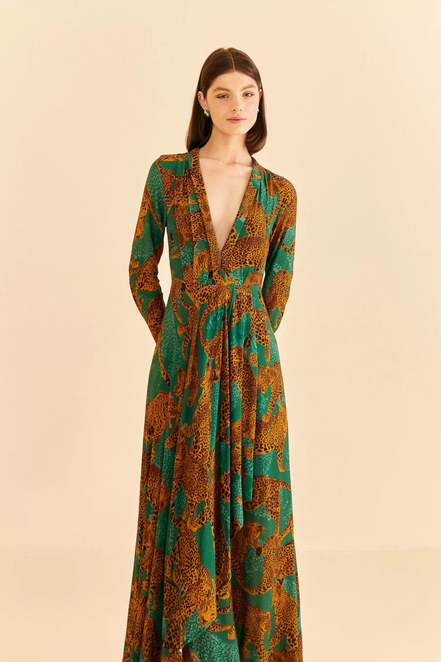 FARM Rio Maxi Dresses^ GREEN ARTSY LEOPARDS LONG SLEEVE MAXI DRESS