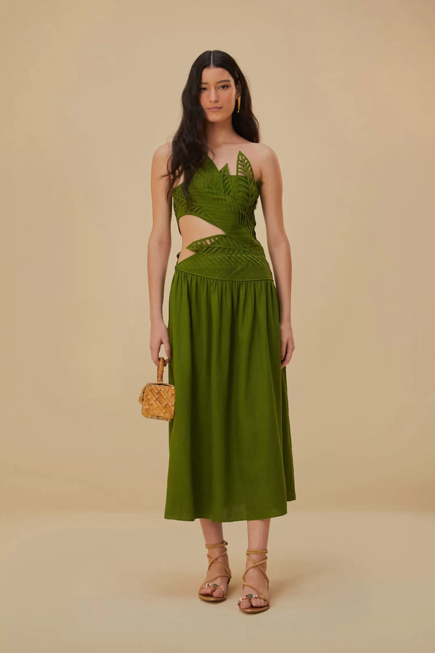 FARM Rio Midi Dresses^ GREEN LEAVES CUT OUT MIDI DRESS