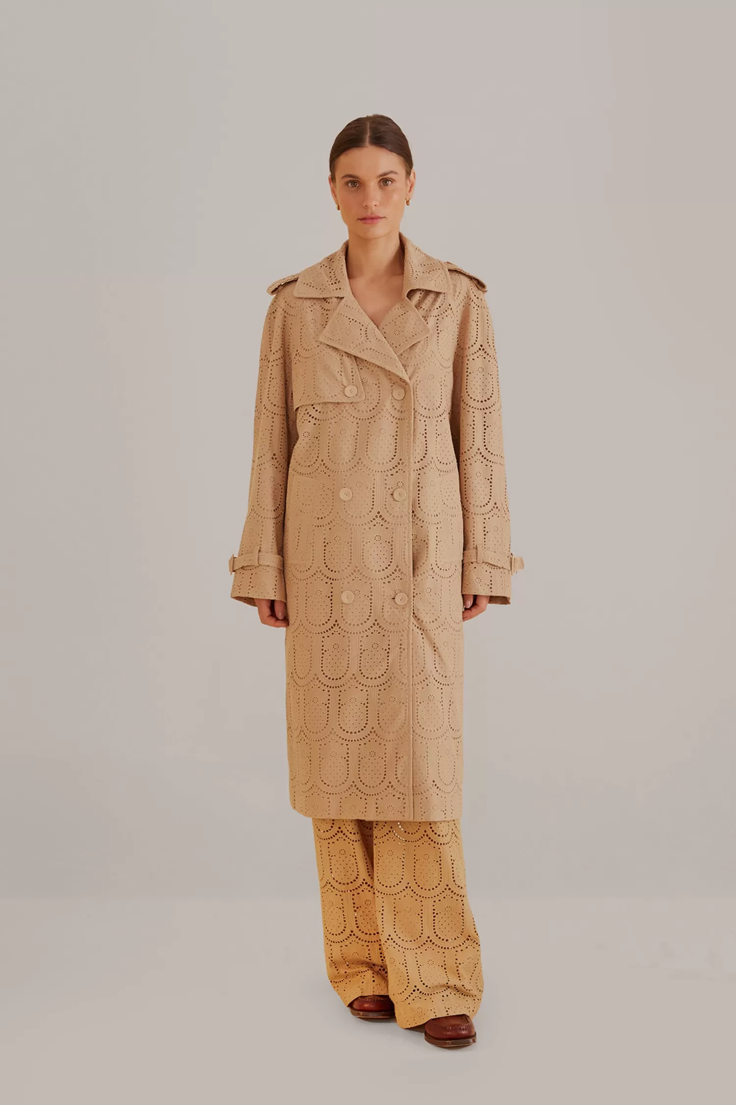 FARM Rio Coats^ KHAKI PINEAPPLE COTTON EYELET TRENCH COAT