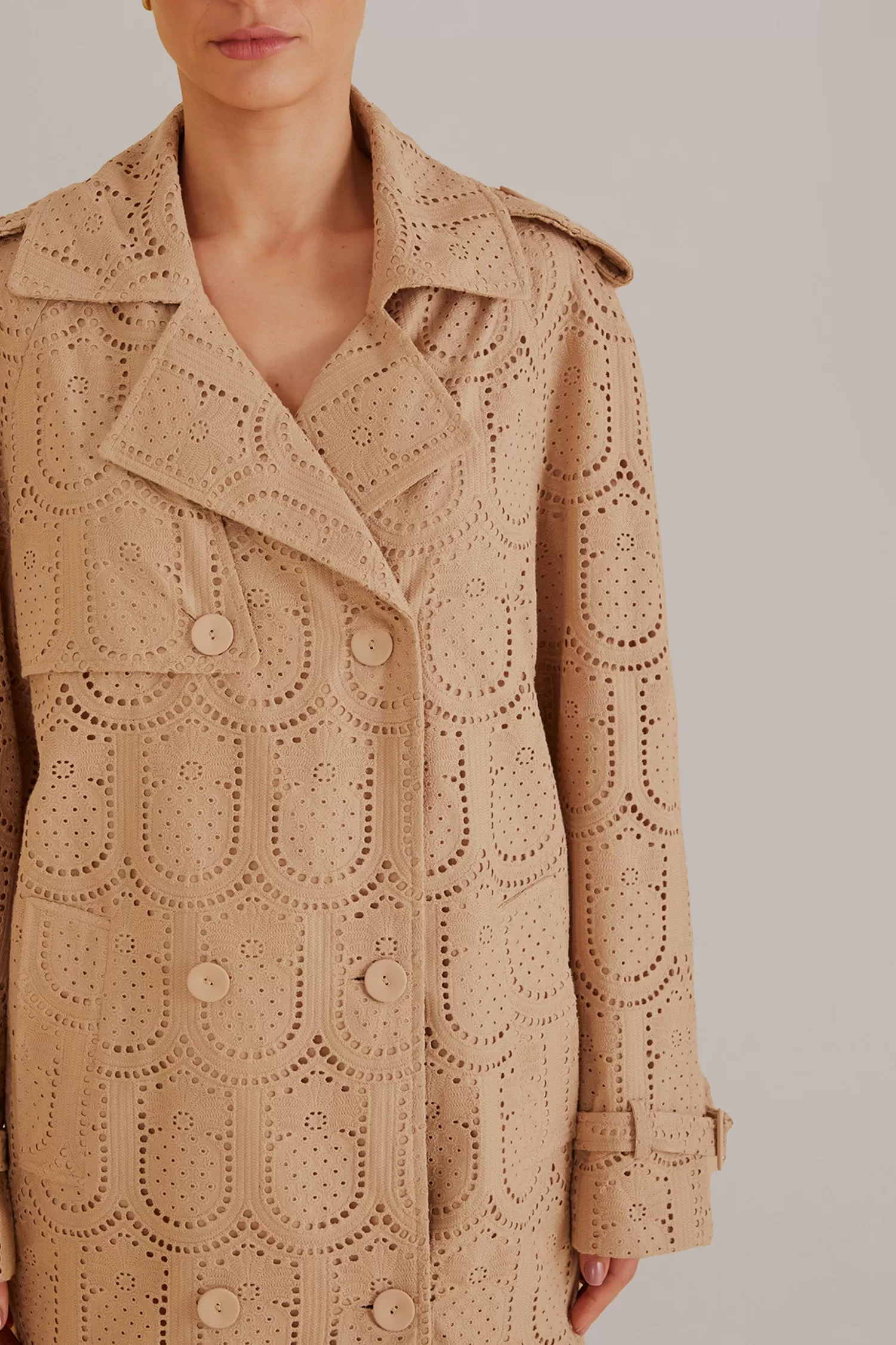 FARM Rio Coats^ KHAKI PINEAPPLE COTTON EYELET TRENCH COAT