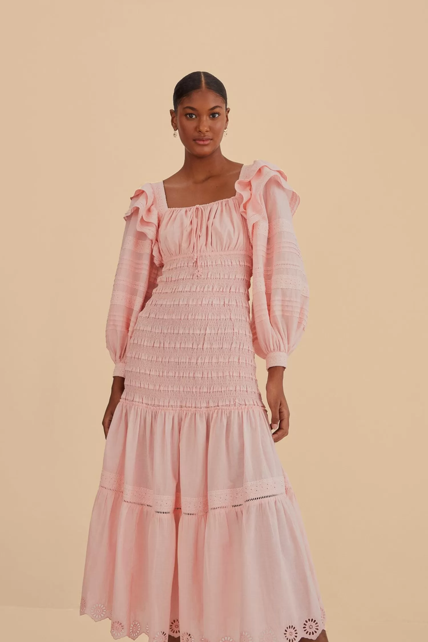 FARM Rio Midi Dresses^ LIGHT PINK LONG SLEEVE SMOCKED MIDI DRESS