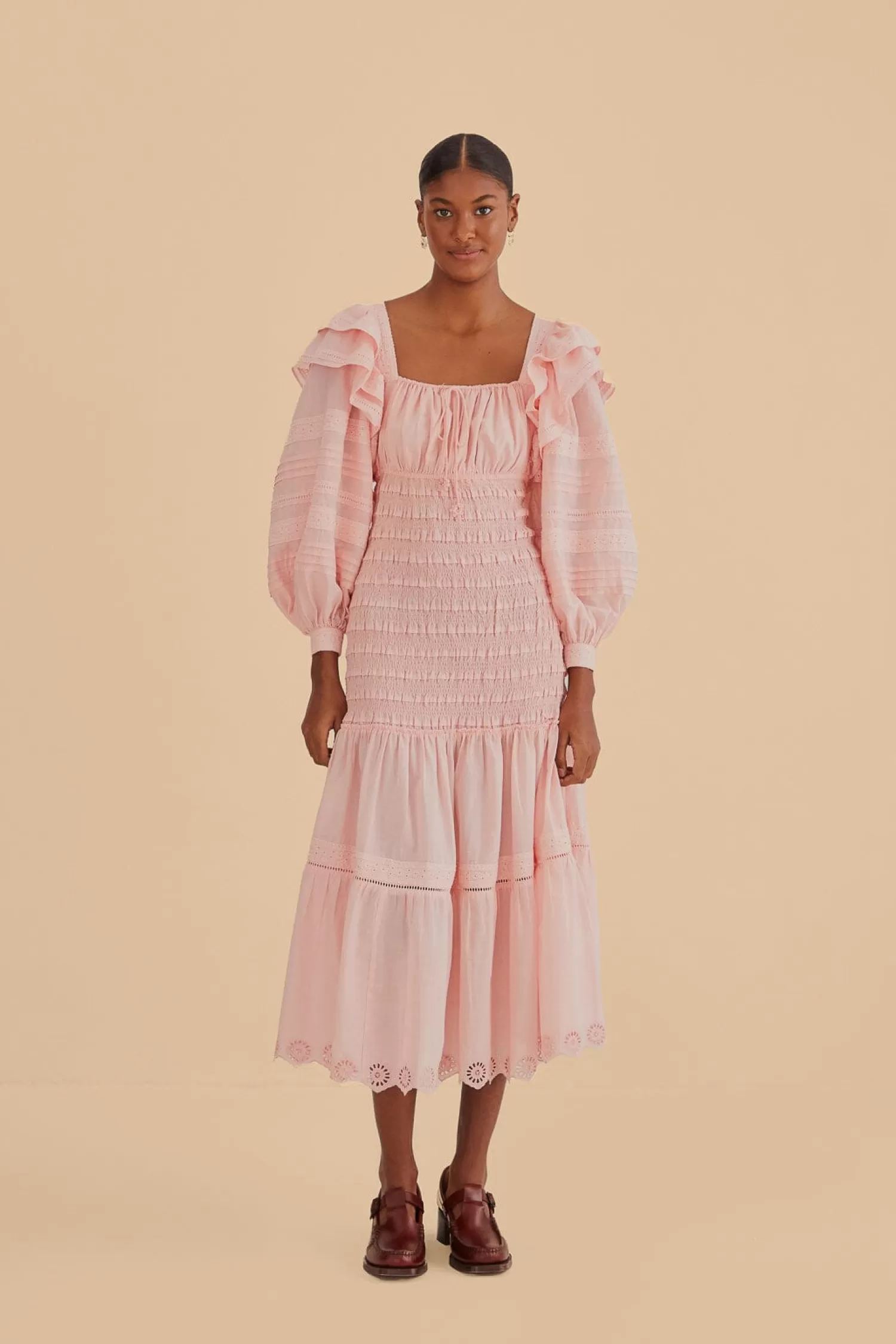 FARM Rio Midi Dresses^ LIGHT PINK LONG SLEEVE SMOCKED MIDI DRESS