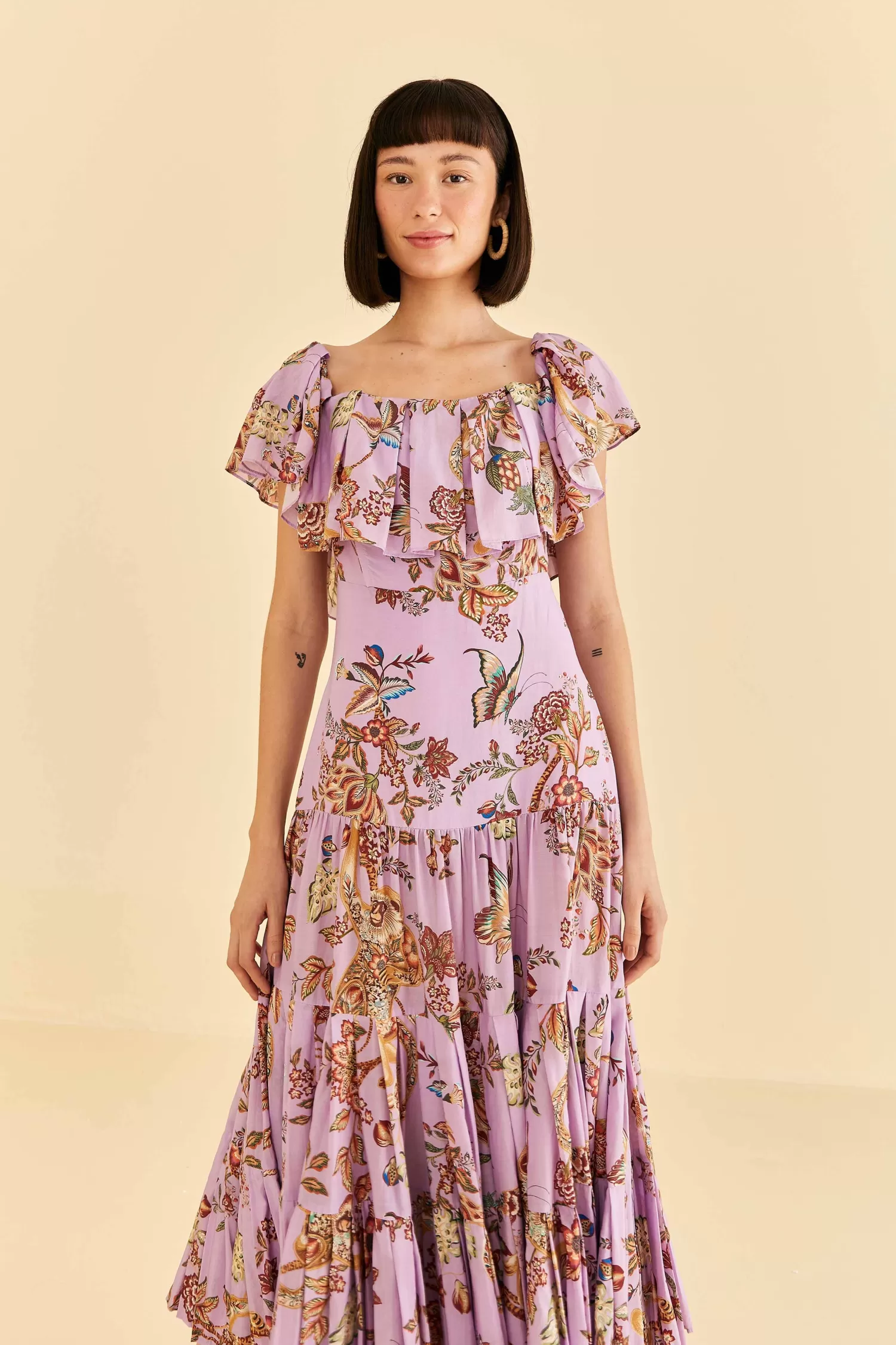 FARM Rio Maxi Dresses^ LILAC FLORAL MONKEY SHORT SLEEVE MAXI DRESS