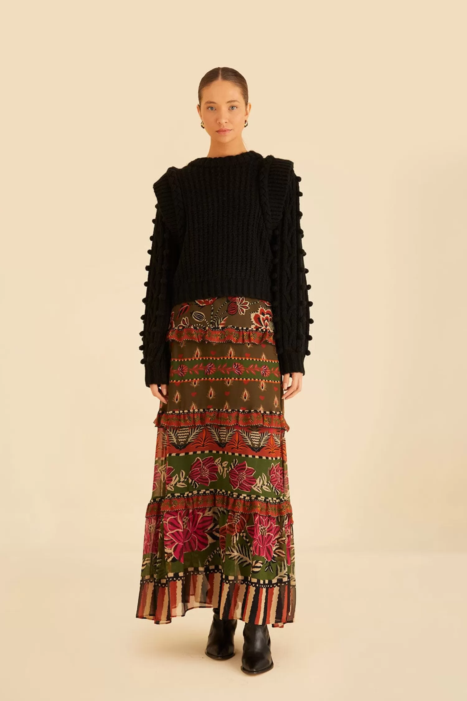 FARM Rio Skirts^ MULTICOLOR AINIKA FLORAL GARDEN TIERED MAXI SKIRT