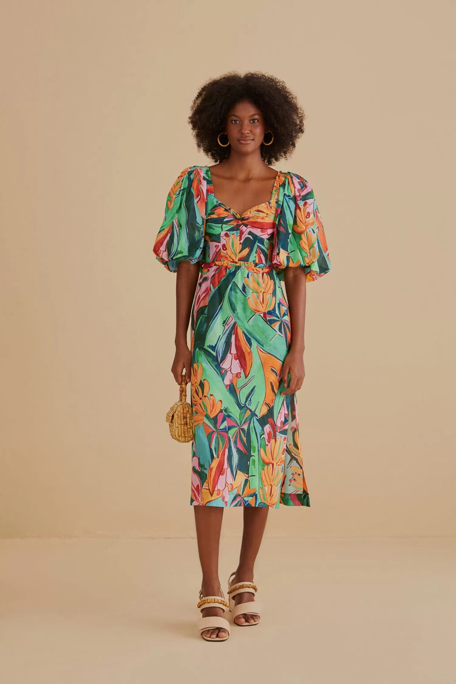FARM Rio Midi Dresses^ MULTICOLOR BANANA FOLIAGE PUFF SLEEVE MIDI DRESS