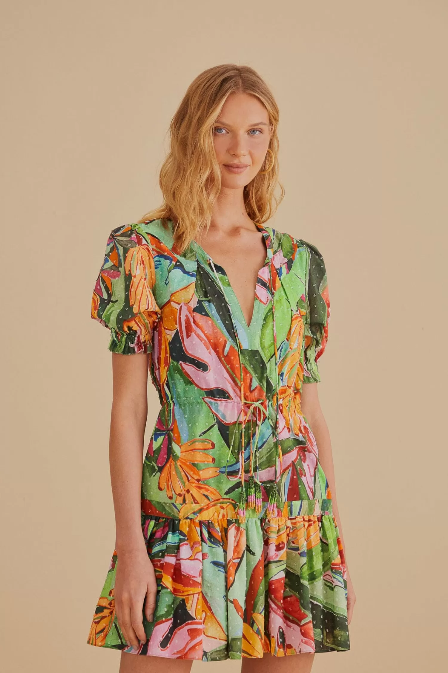 FARM Rio Mini Dresses^ MULTICOLOR BANANA FOLIAGE SHORT SLEEVE MINI DRESS
