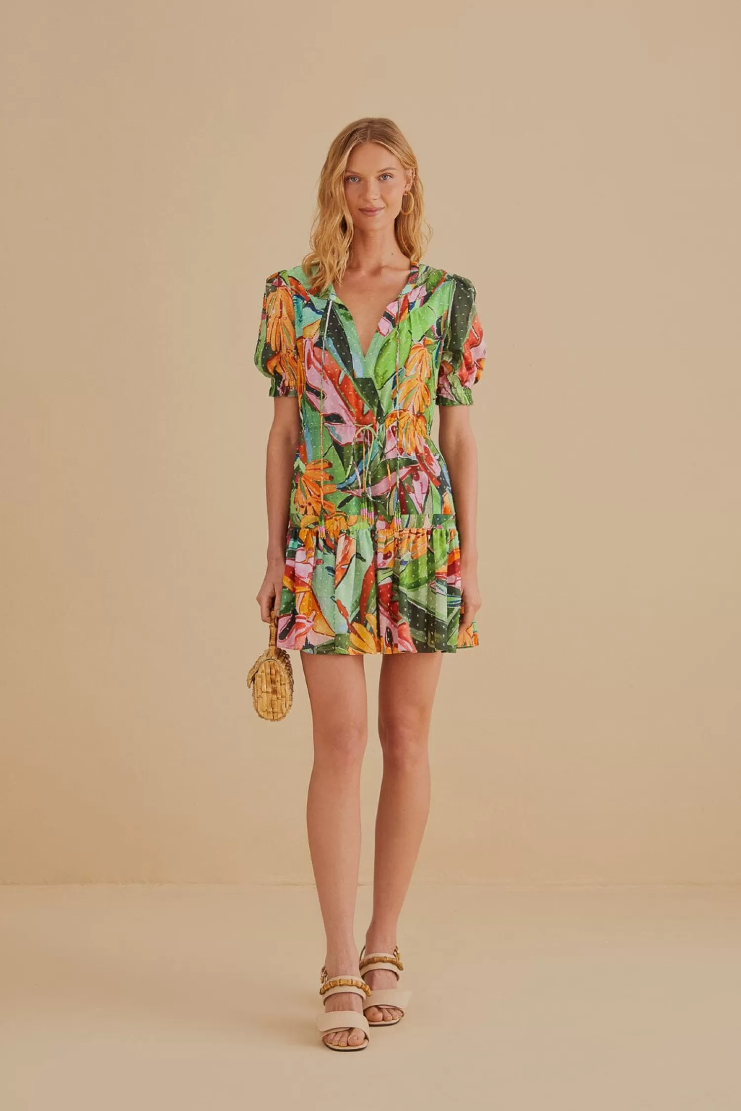 FARM Rio Mini Dresses^ MULTICOLOR BANANA FOLIAGE SHORT SLEEVE MINI DRESS