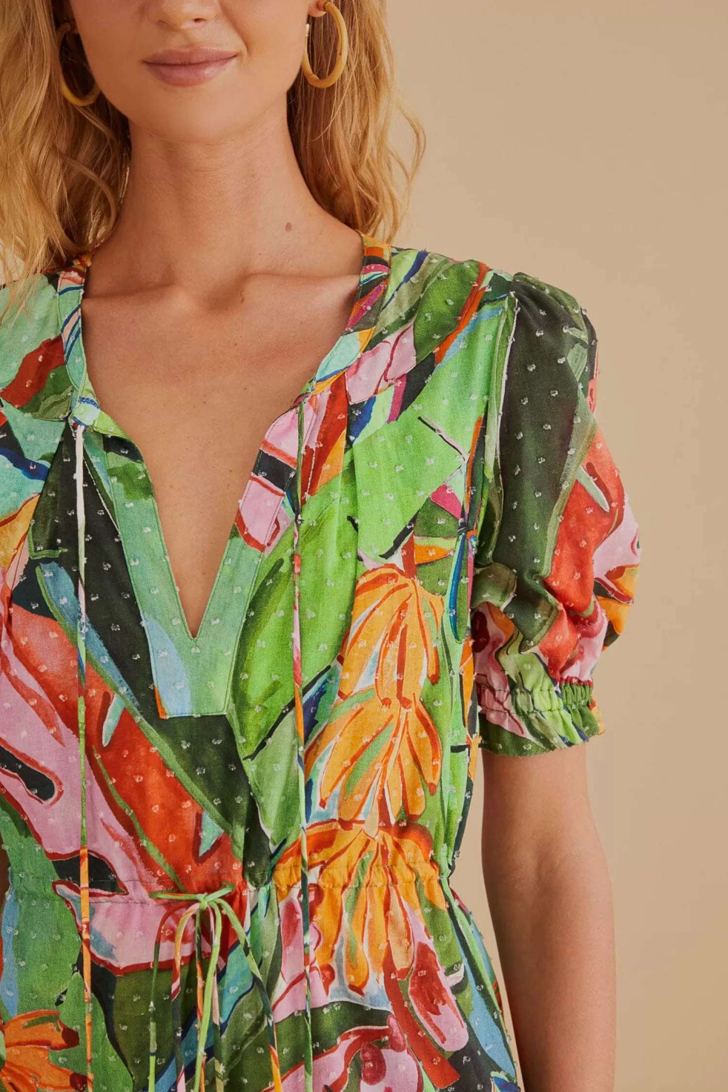 FARM Rio Mini Dresses^ MULTICOLOR BANANA FOLIAGE SHORT SLEEVE MINI DRESS