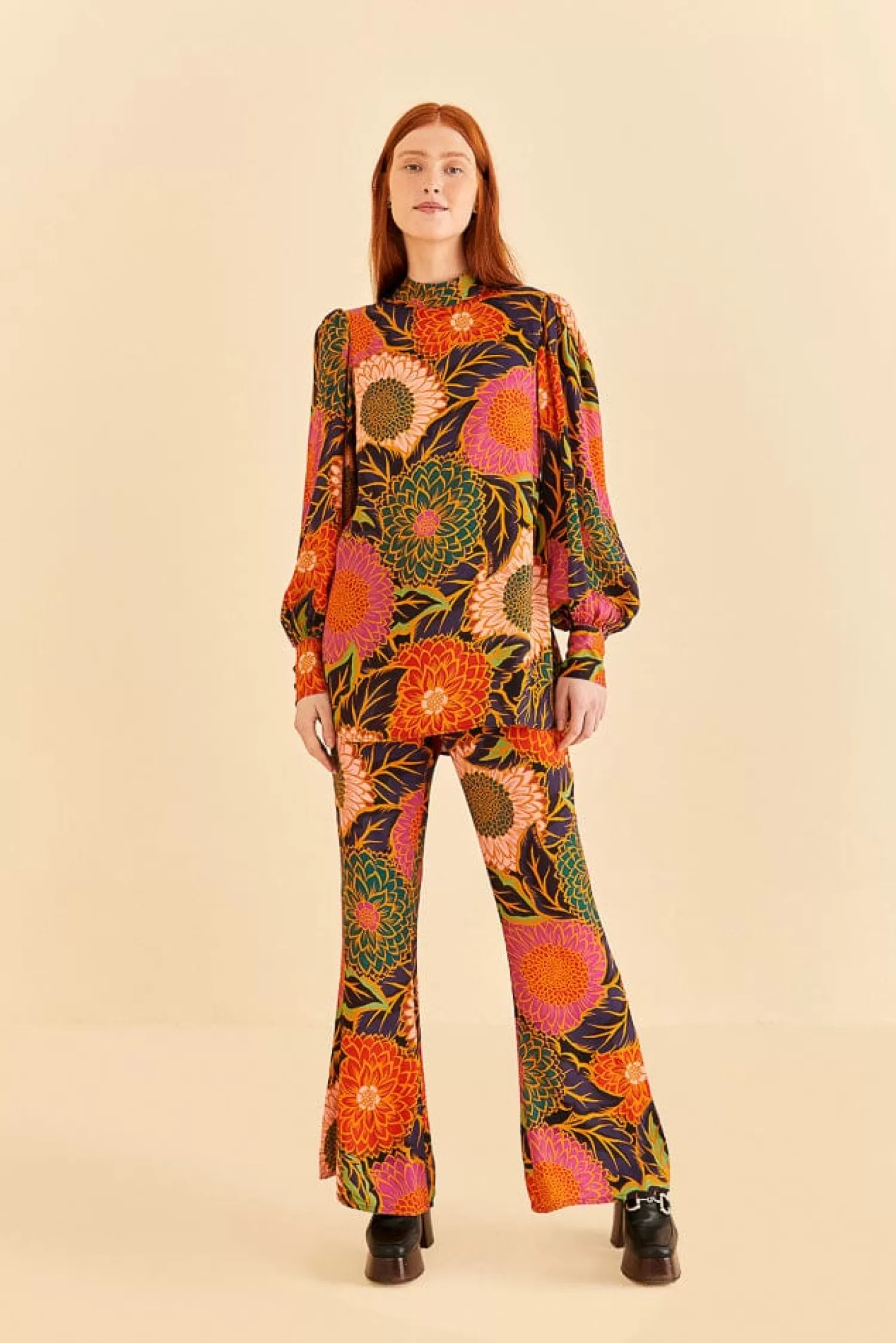 FARM Rio Pants^ MULTICOLOR VINTAGE GARDEN SATIN FLARE PANTS