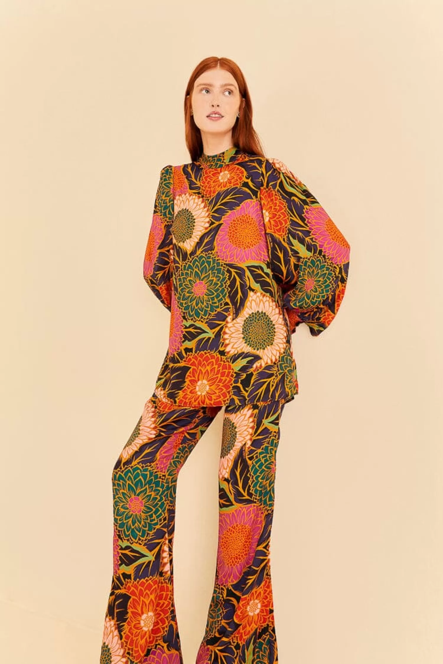 FARM Rio Pants^ MULTICOLOR VINTAGE GARDEN SATIN FLARE PANTS
