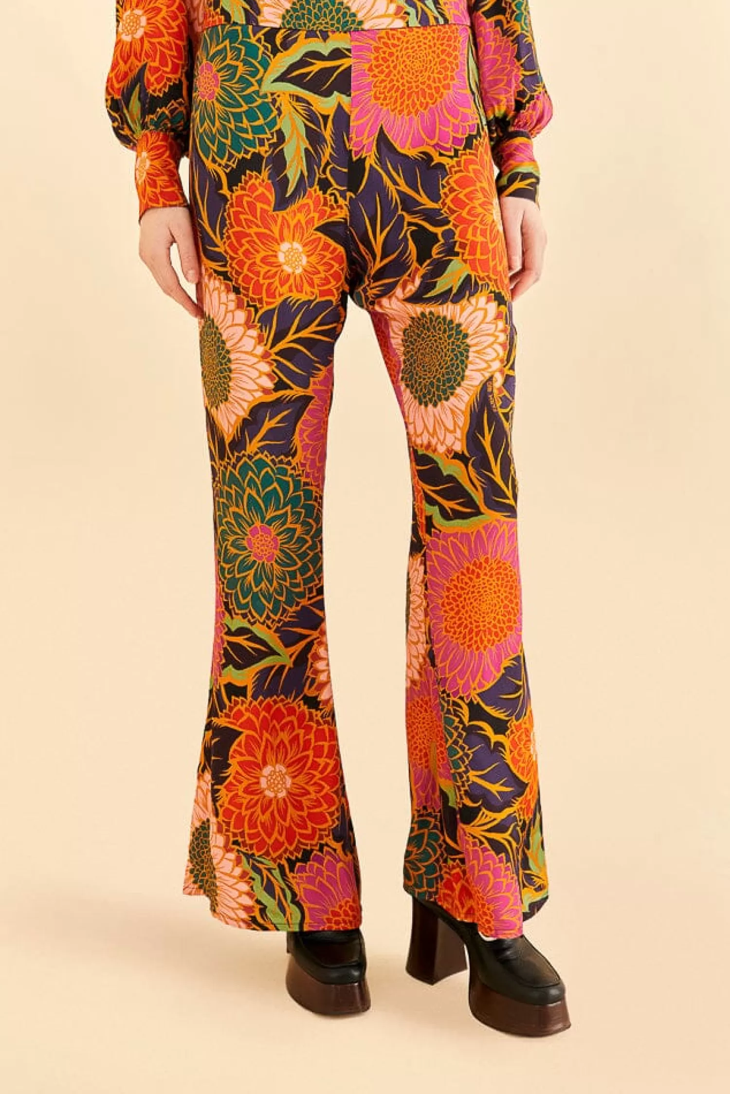 FARM Rio Pants^ MULTICOLOR VINTAGE GARDEN SATIN FLARE PANTS