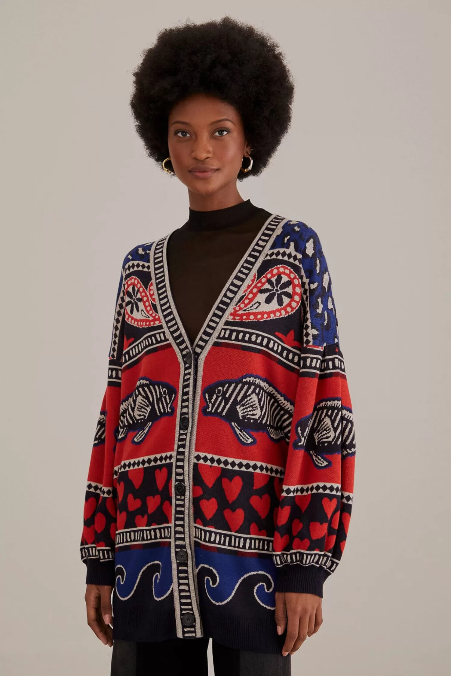 FARM Rio Cardigans^ NAVY MIXED PRINTS KNIT CARDIGAN