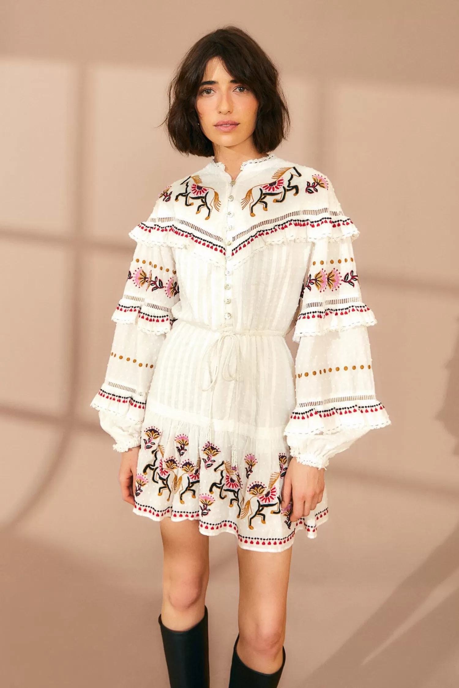 FARM Rio Mini Dresses^ OFF-WHITE EMBROIDERED HORSES RUFFLE MINI DRESS