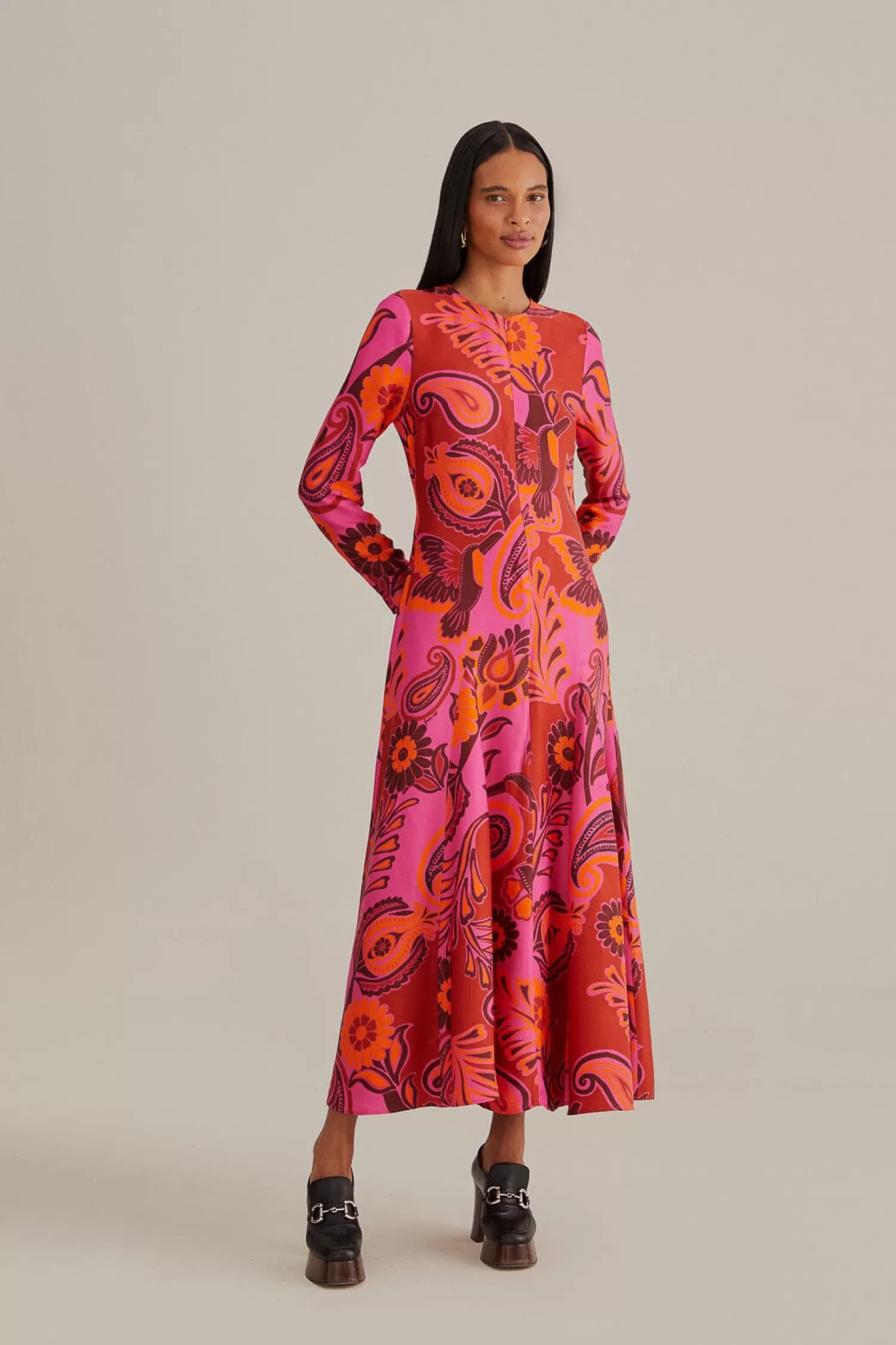 FARM Rio Maxi Dresses^ PINK BOLD FLORAL LONG SLEEVE MAXI DRESS