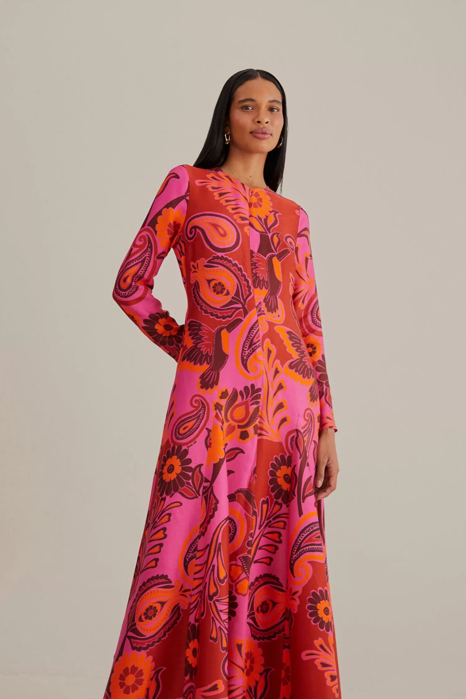 FARM Rio Maxi Dresses^ PINK BOLD FLORAL LONG SLEEVE MAXI DRESS