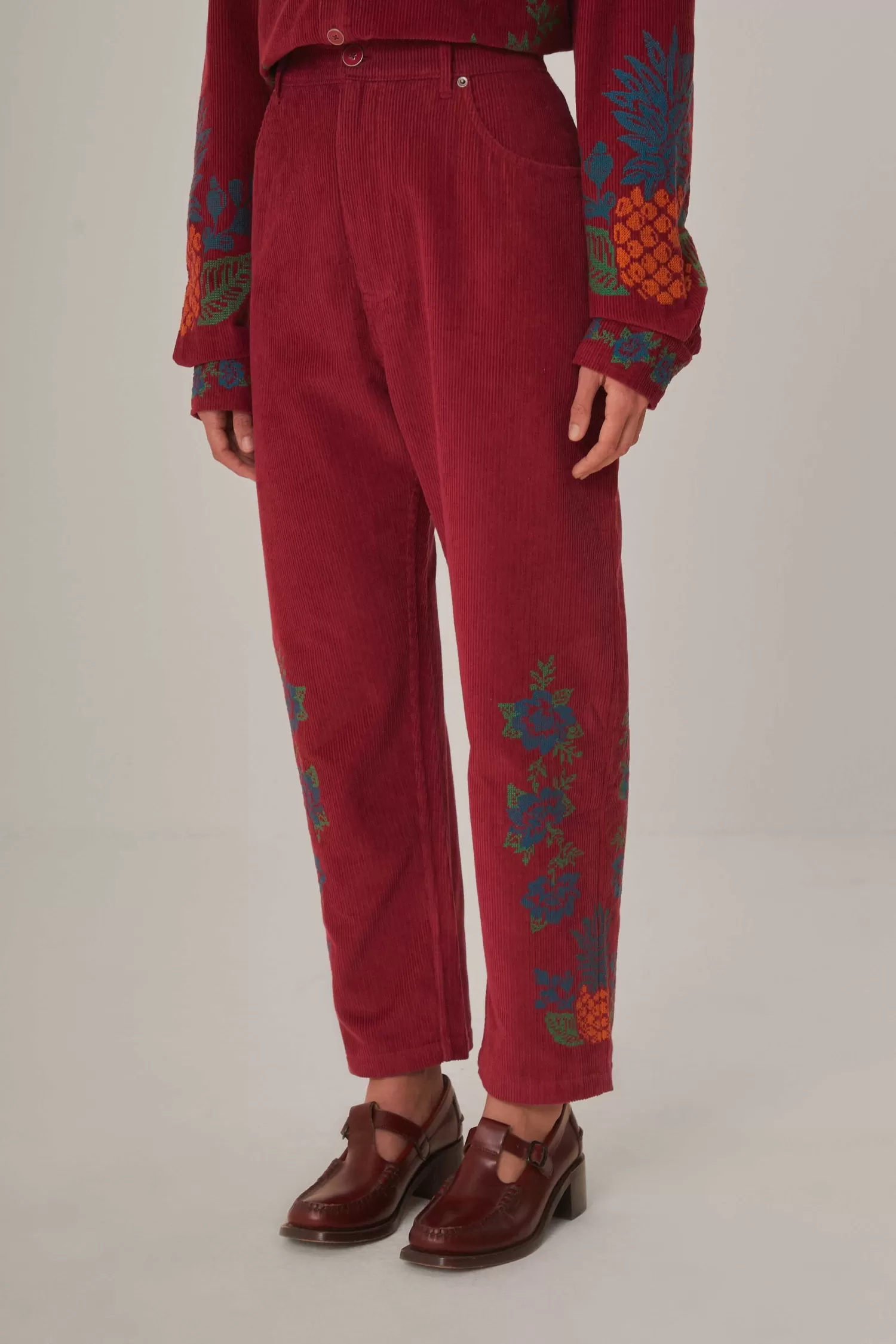 FARM Rio Pants^ PINK CORDUROY EMBROIDERED PANTS