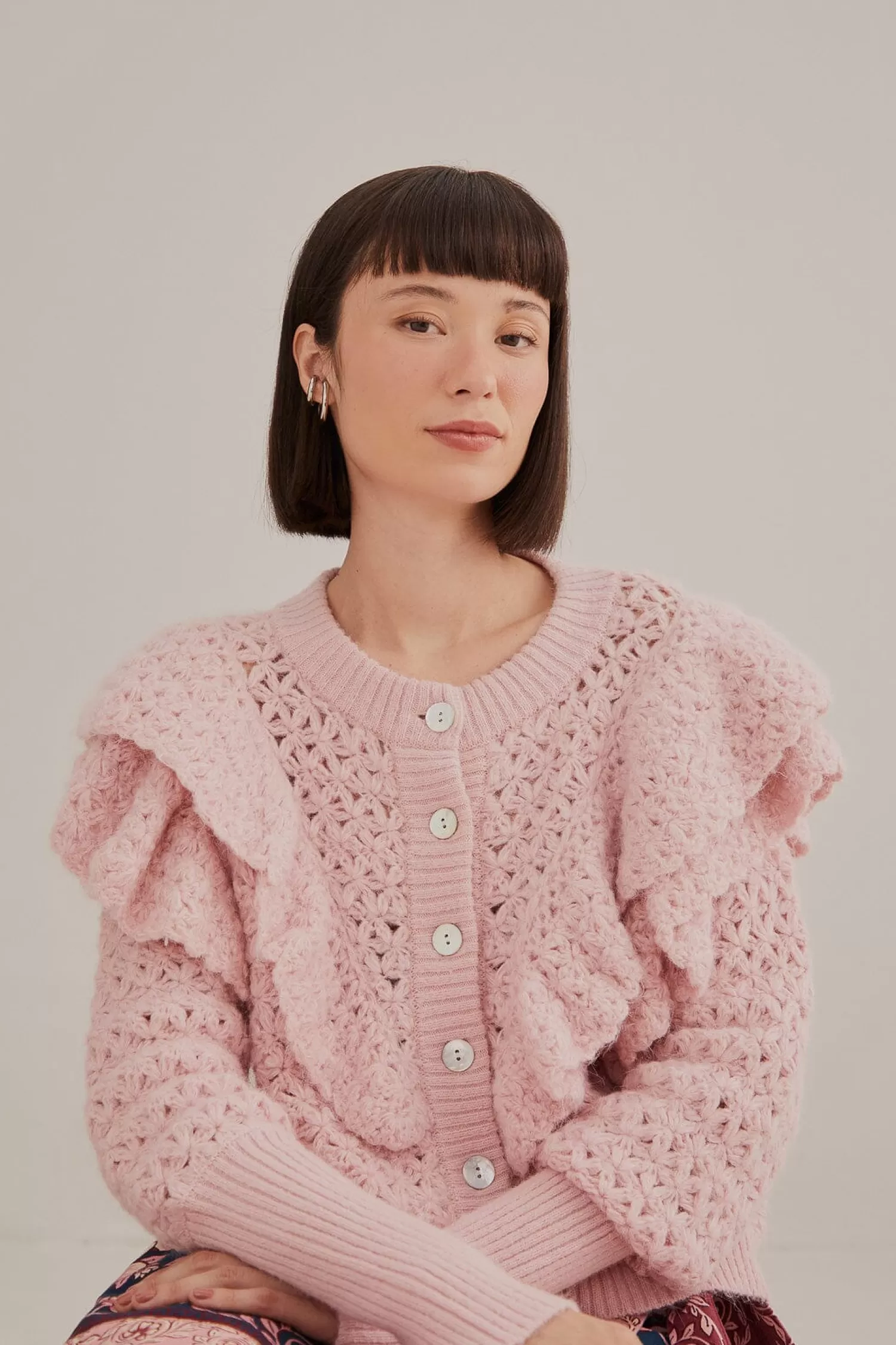 FARM Rio Cardigans^ PINK FLOWER TEXTURE KNIT CARDIGAN