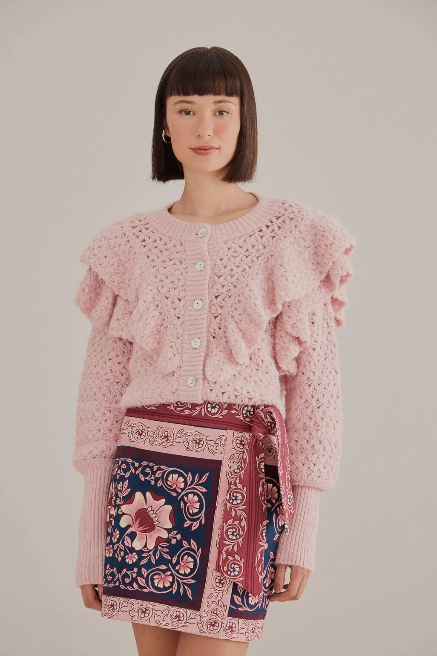 FARM Rio Cardigans^ PINK FLOWER TEXTURE KNIT CARDIGAN