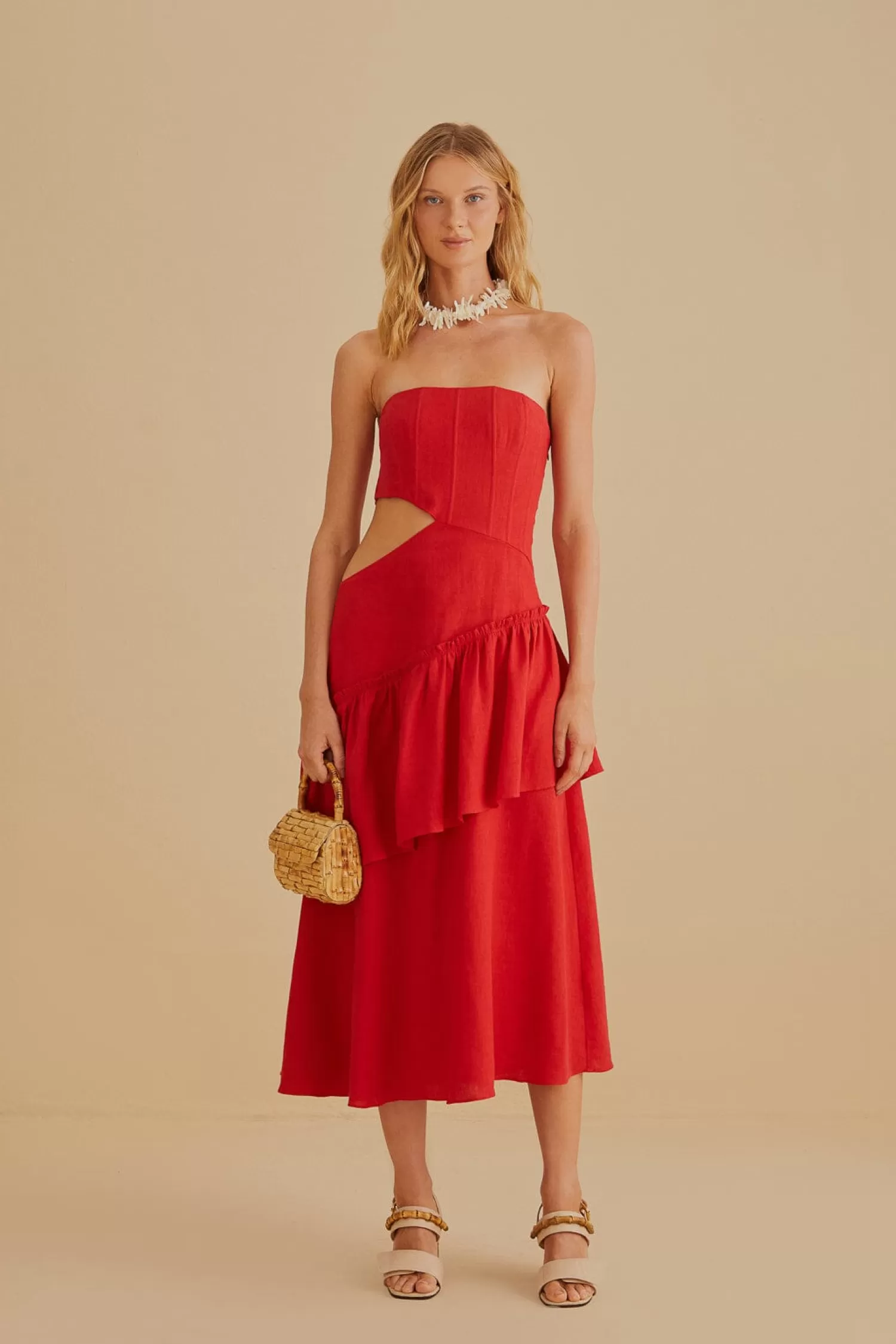 FARM Rio Midi Dresses^ RED CUT OUT STRAPLESS MIDI DRESS