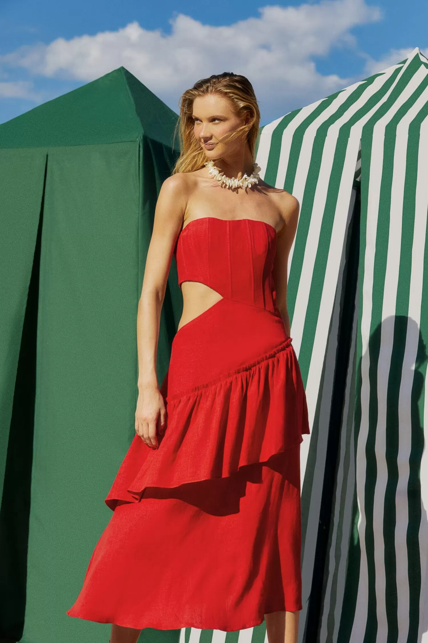 FARM Rio Midi Dresses^ RED CUT OUT STRAPLESS MIDI DRESS