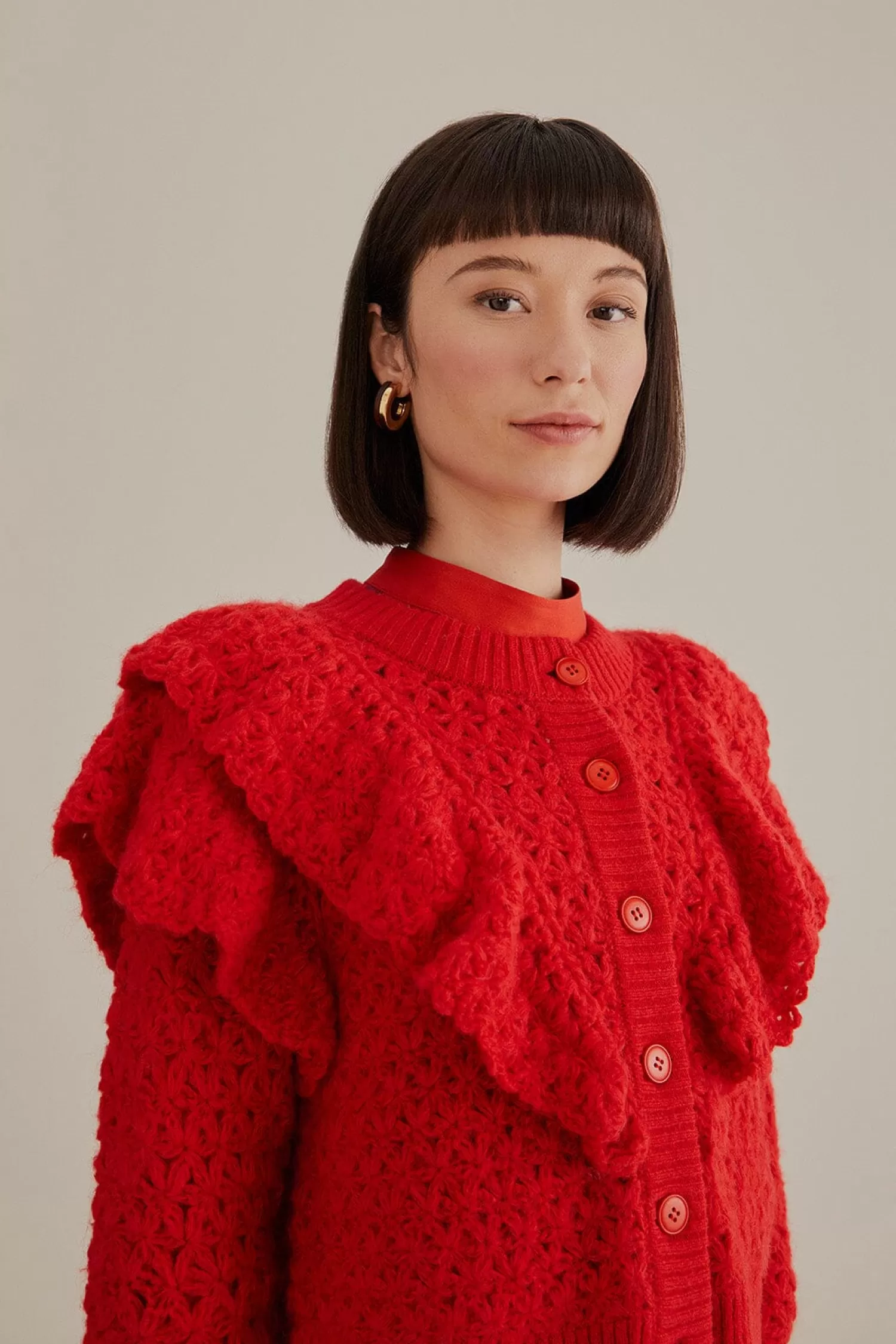 FARM Rio Cardigans^ RED FLOWER TEXTURE KNIT CARDIGAN