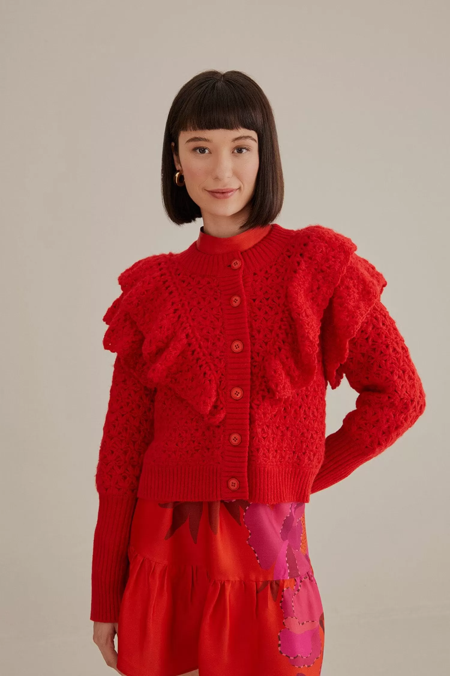 FARM Rio Cardigans^ RED FLOWER TEXTURE KNIT CARDIGAN