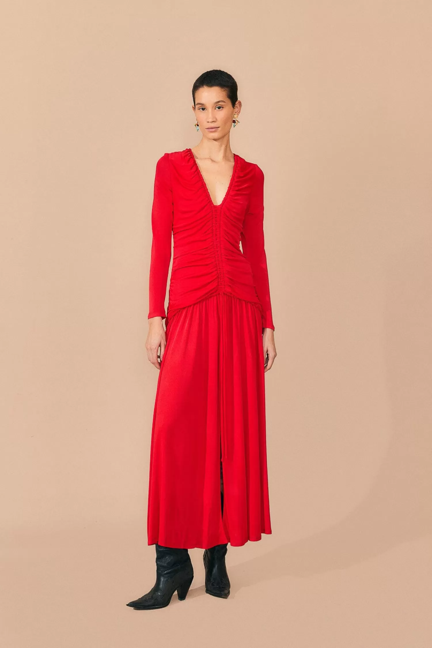 FARM Rio Midi Dresses^ RED V NECKLINE LONG SLEEVE MIDI DRESS