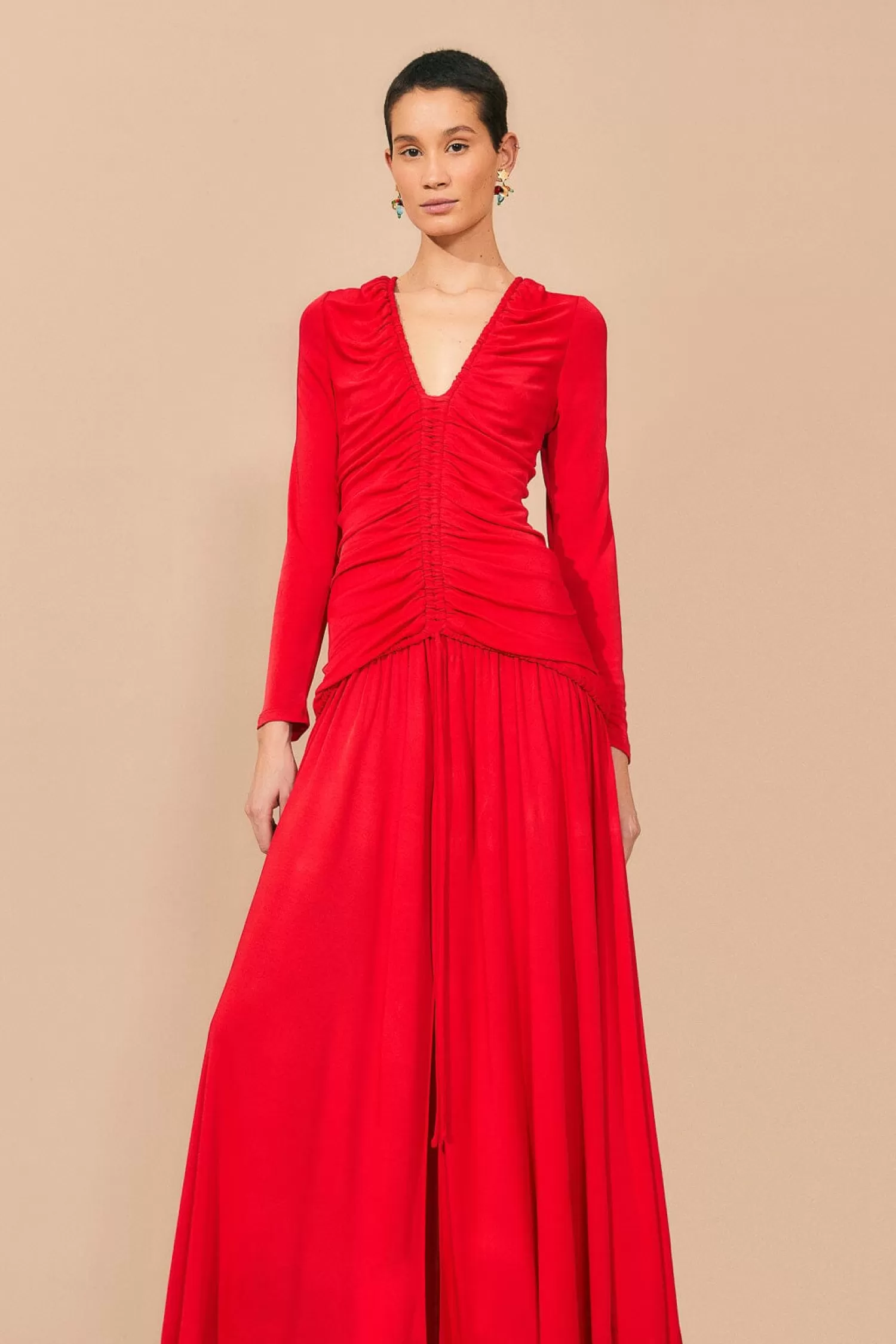 FARM Rio Midi Dresses^ RED V NECKLINE LONG SLEEVE MIDI DRESS