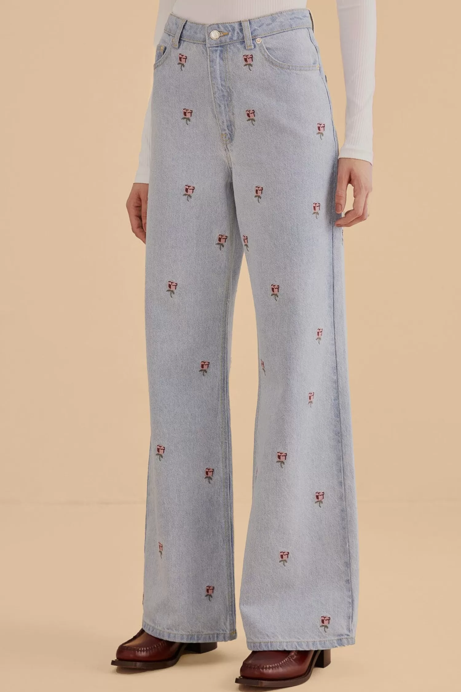 FARM Rio Pants^ ROSE EMBROIDERED DENIM PANTS