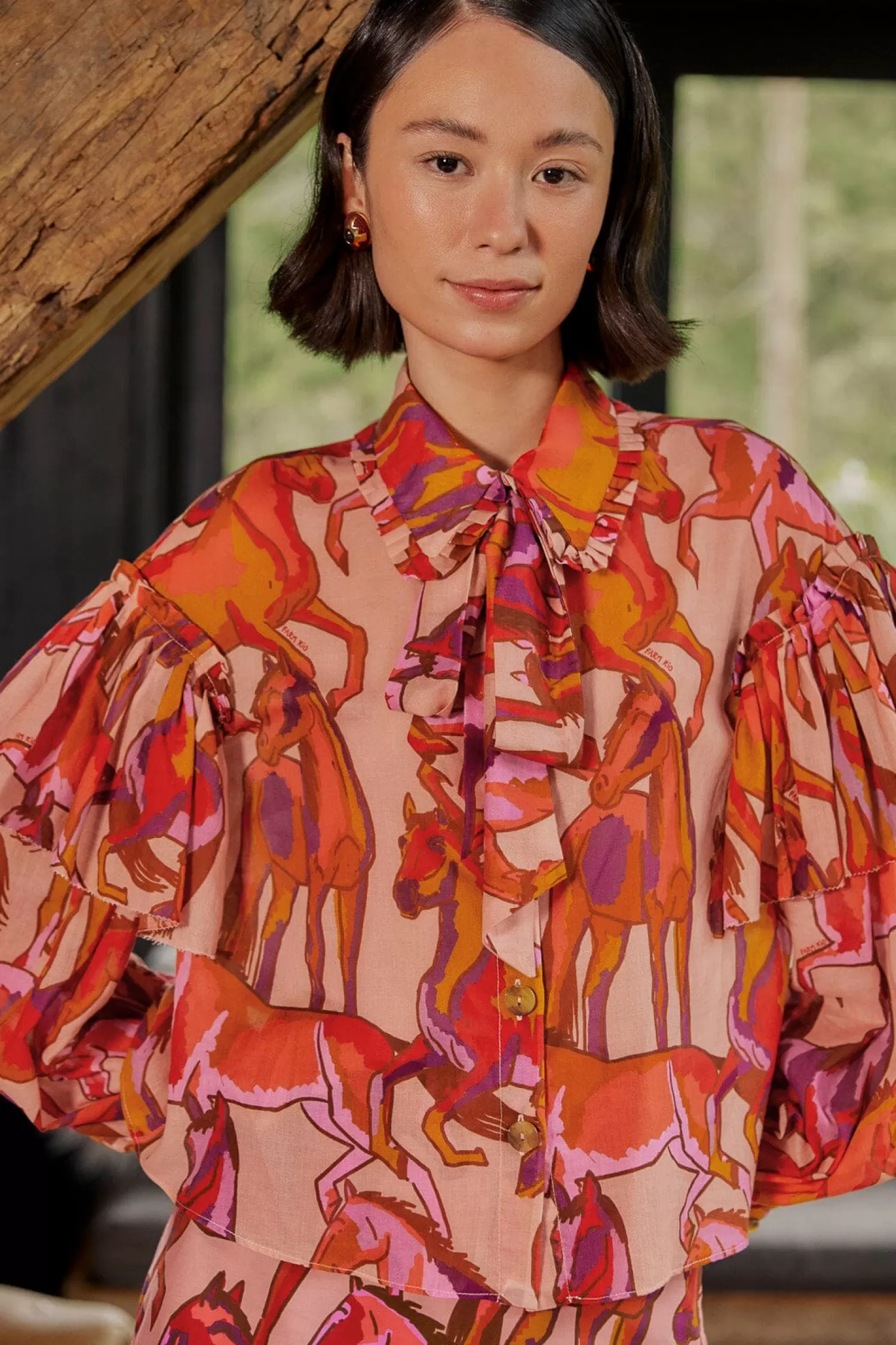 FARM Rio Blouses^ ROSE WILD HORSES BOW NECK TIE BLOUSE