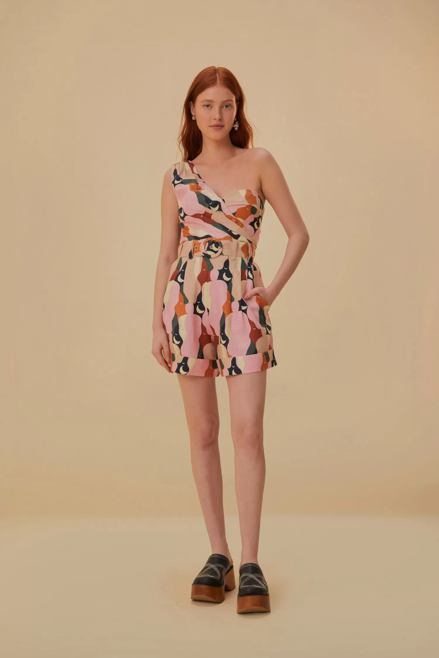 FARM Rio Rompers^ THE KISS MULTICOLOR ONE SHOULDER ROMPER