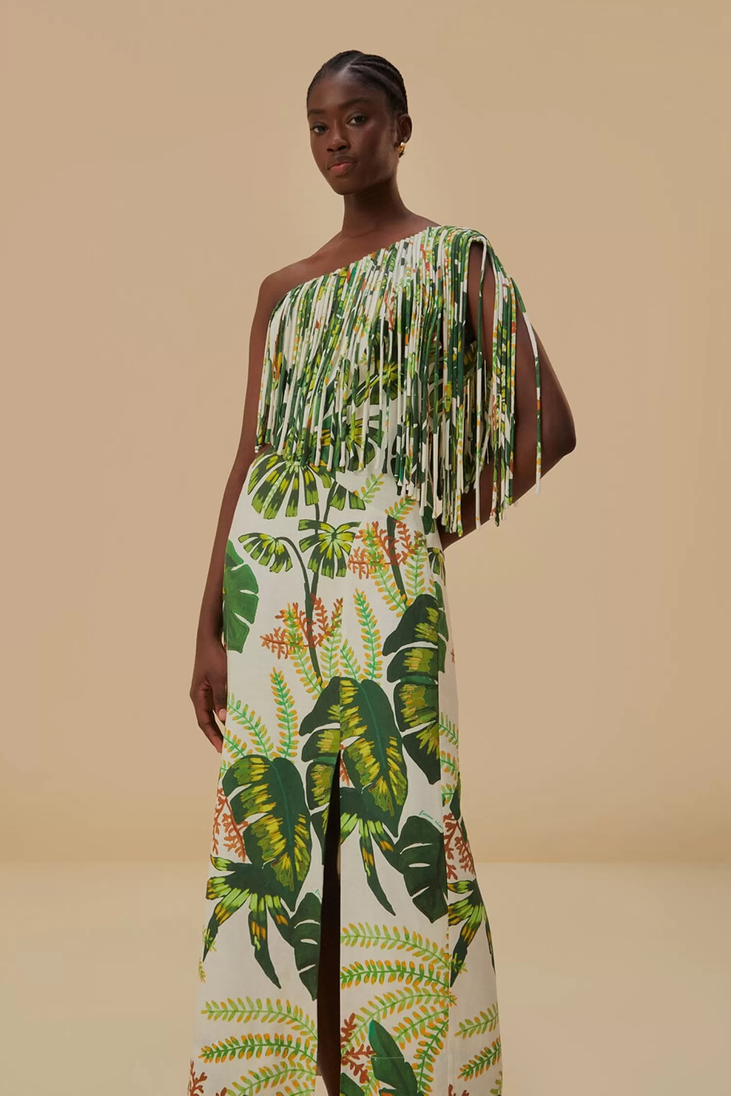 FARM Rio Midi Dresses^ TROPICAL FOREST OFF-WHITE FRINGED MIDI DRESS