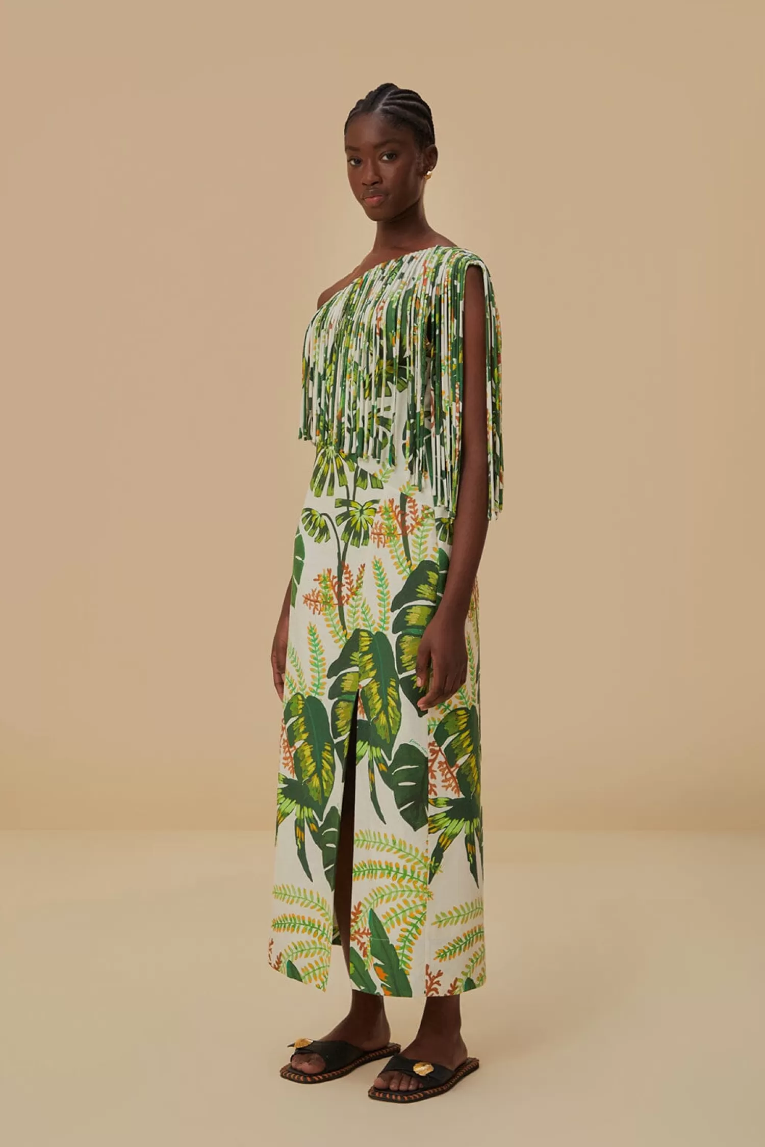 FARM Rio Midi Dresses^ TROPICAL FOREST OFF-WHITE FRINGED MIDI DRESS