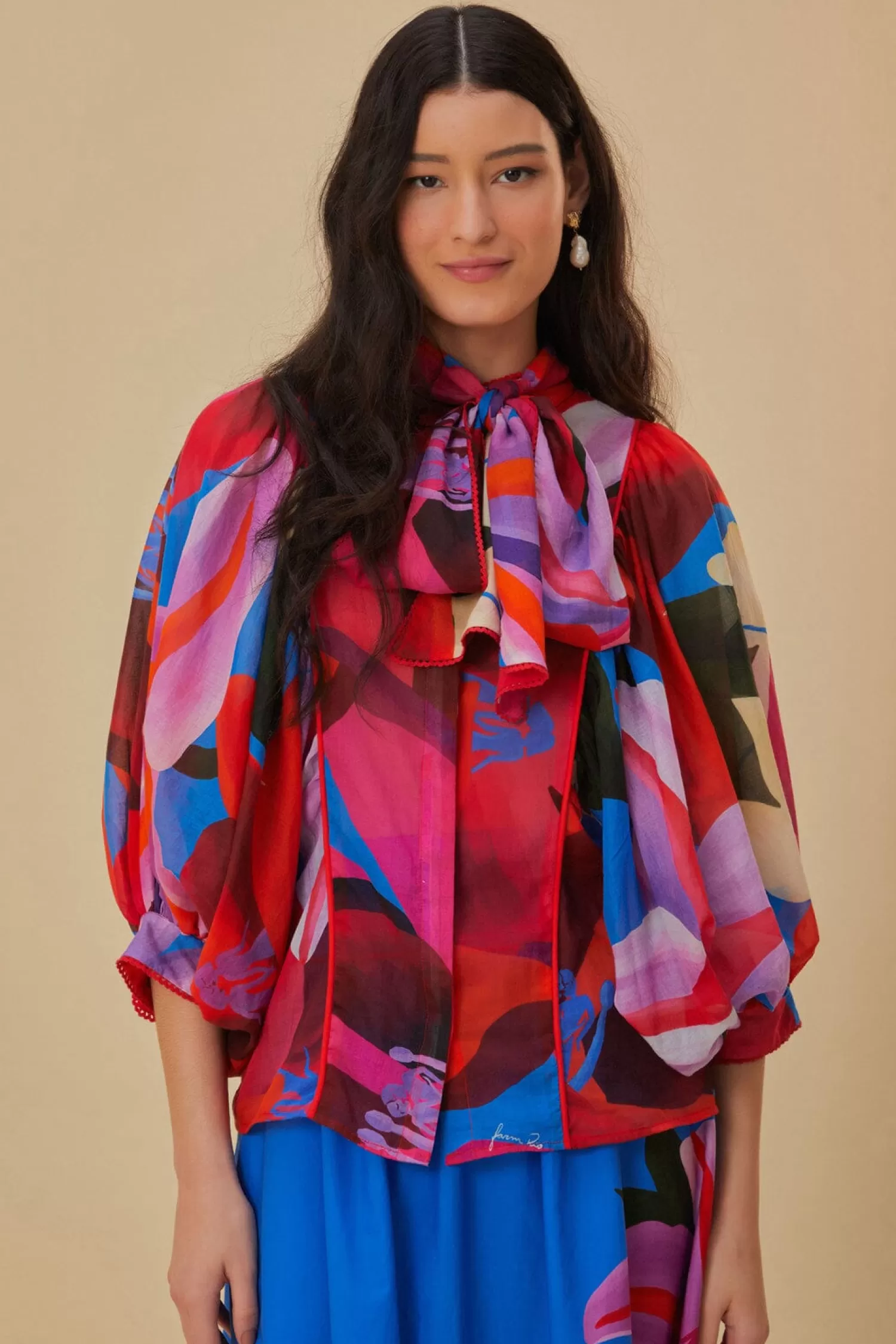 FARM Rio Blouses^ WATERCOLOR FLORAL BLUE LONG SLEEVE BLOUSE