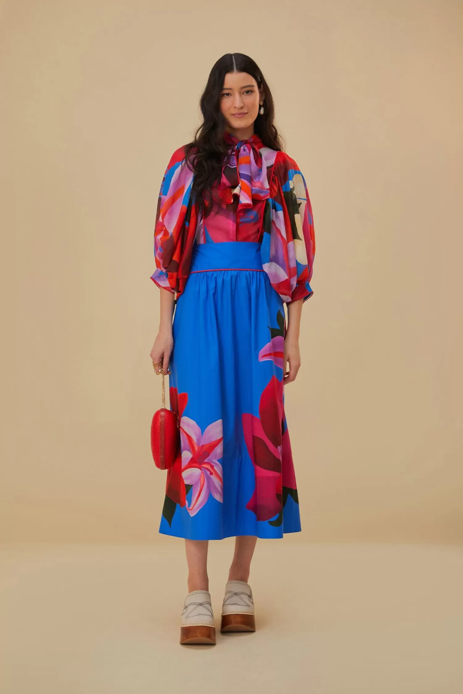 FARM Rio Blouses^ WATERCOLOR FLORAL BLUE LONG SLEEVE BLOUSE