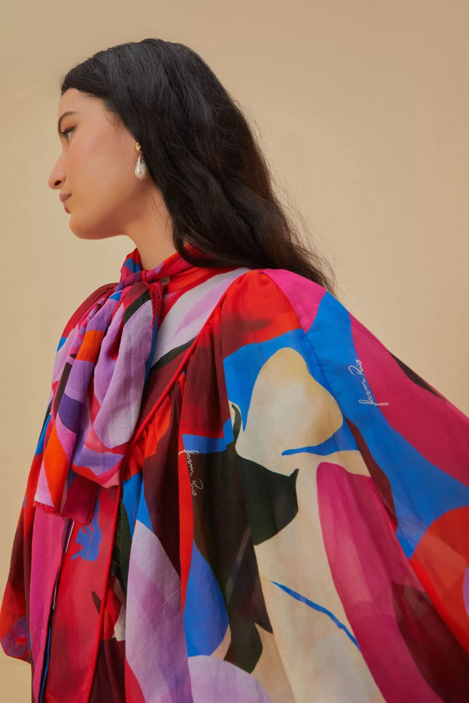 FARM Rio Blouses^ WATERCOLOR FLORAL BLUE LONG SLEEVE BLOUSE