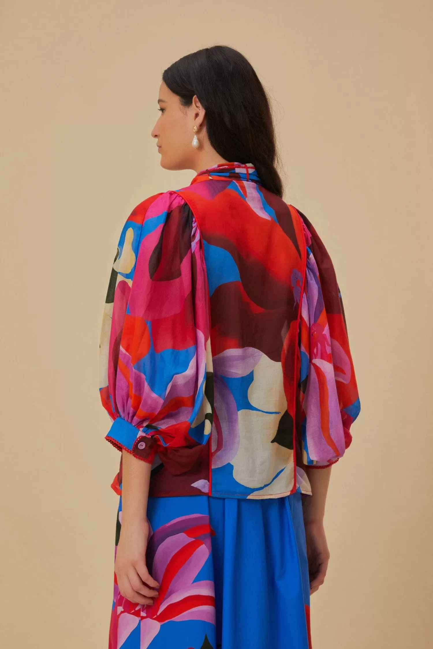 FARM Rio Blouses^ WATERCOLOR FLORAL BLUE LONG SLEEVE BLOUSE