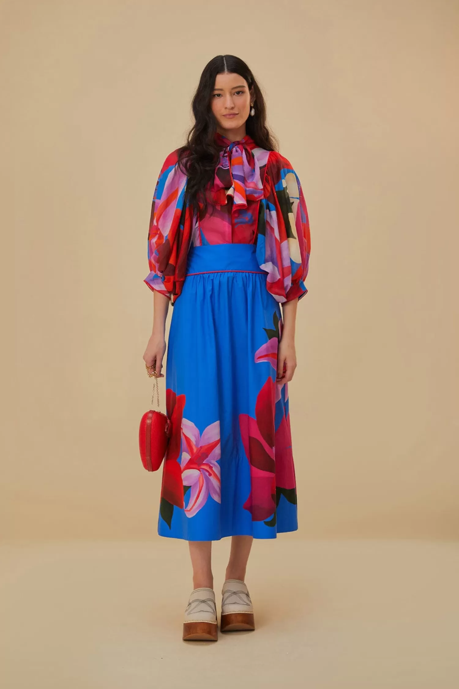 FARM Rio Skirts^ WATERCOLOR FLORAL BLUE MIDI SKIRT