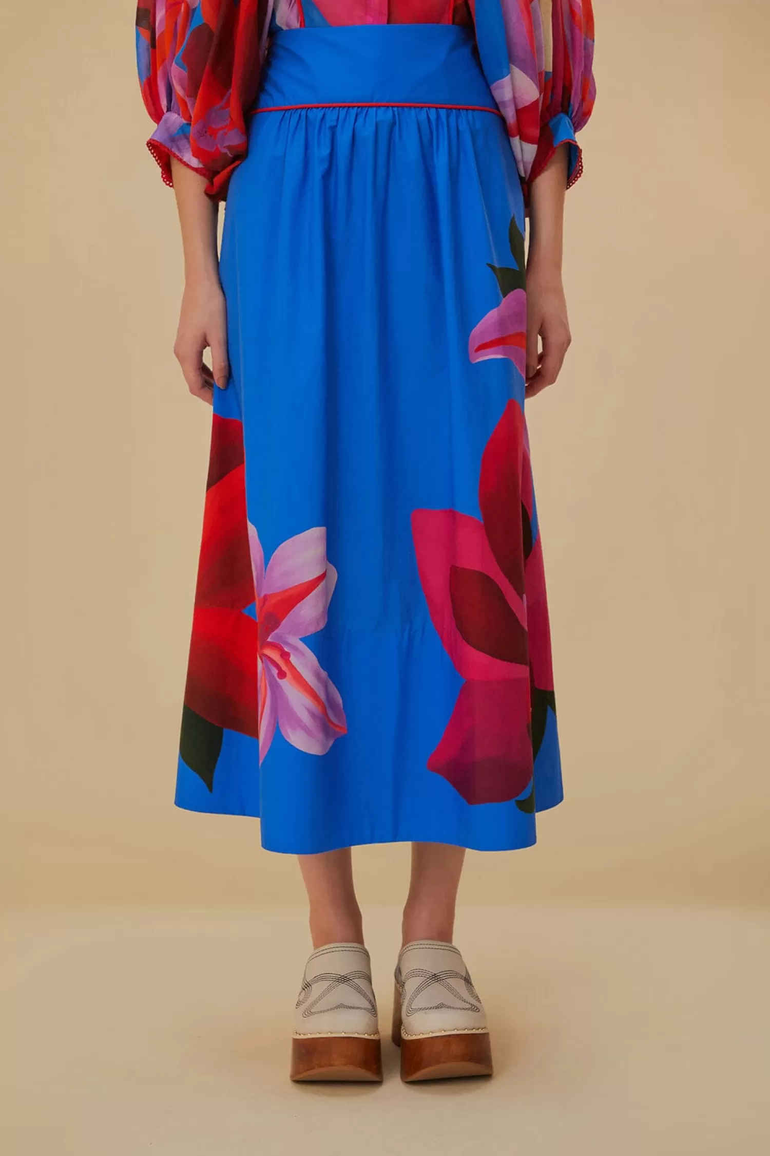 FARM Rio Skirts^ WATERCOLOR FLORAL BLUE MIDI SKIRT