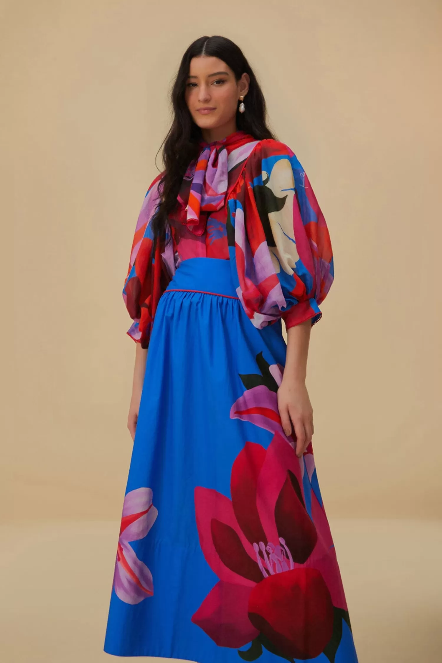 FARM Rio Skirts^ WATERCOLOR FLORAL BLUE MIDI SKIRT