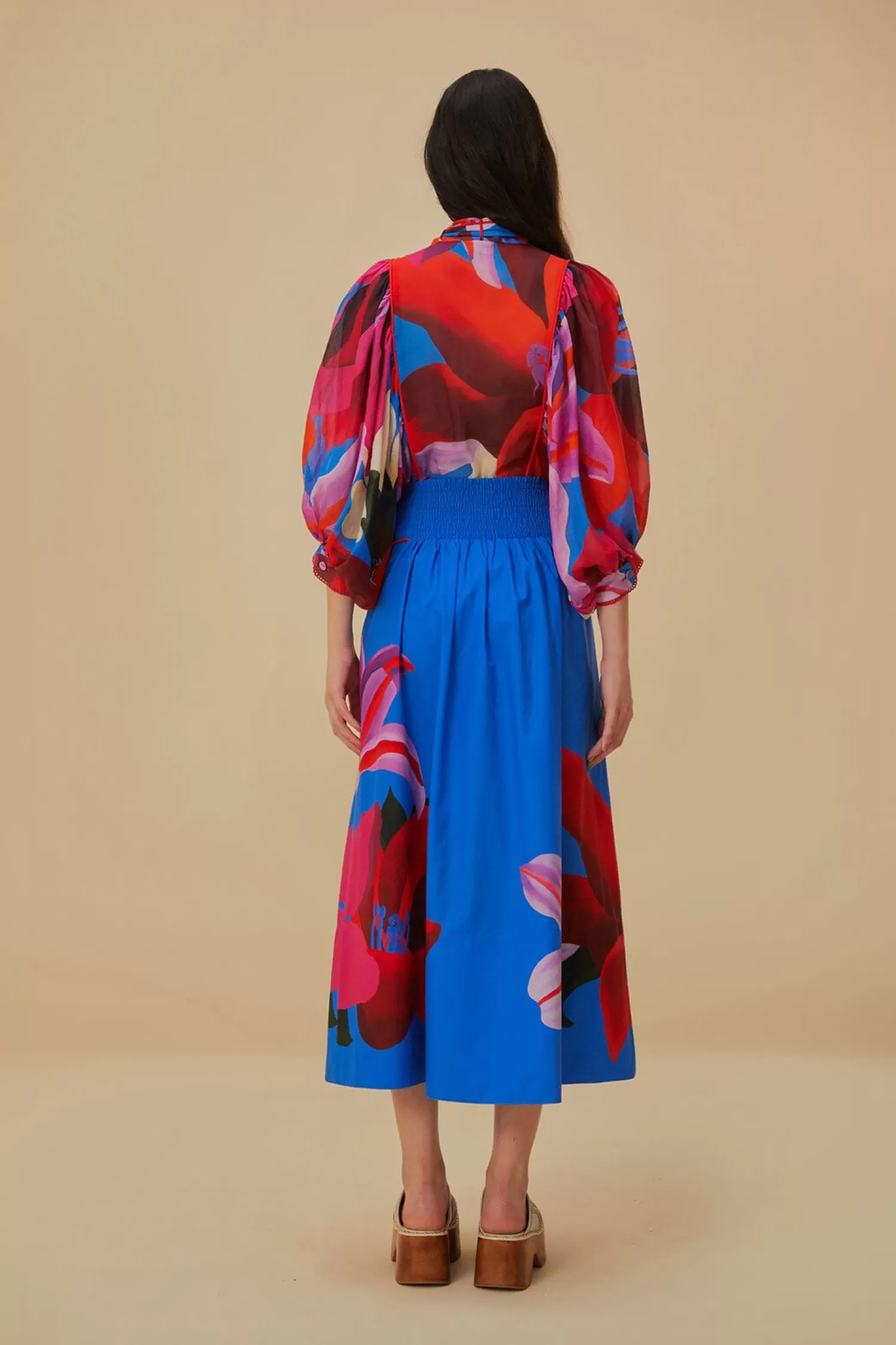 FARM Rio Skirts^ WATERCOLOR FLORAL BLUE MIDI SKIRT